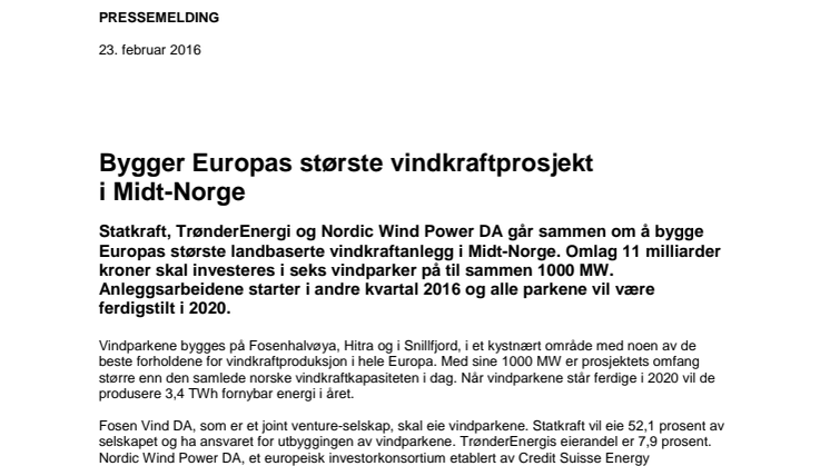 Bygger Europas største vindkraftprosjekt  i Midt-Norge