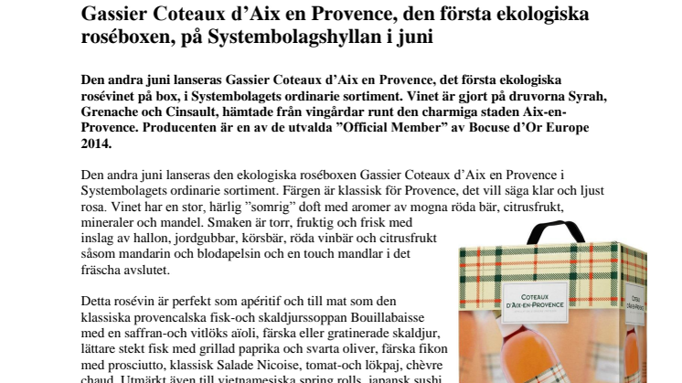 Gassier Coteaux d’Aix en Provence, den första ekologiska roséboxen, på Systembolagshyllan i juni