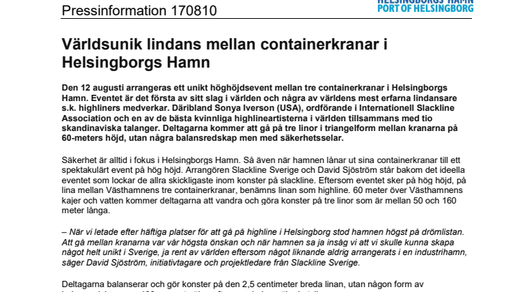  Världsunik lindans mellan containerkranar i Helsingborgs Hamn