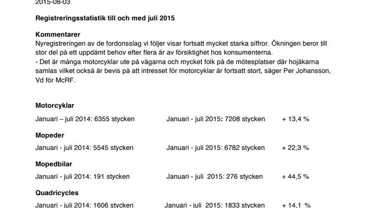 Registreringsstatistik till och med juli 2015