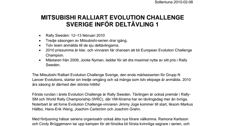 MITSUBISHI RALLIART EVOLUTION CHALLENGE SVERIGE INFÖR DELTÄVLING 1
