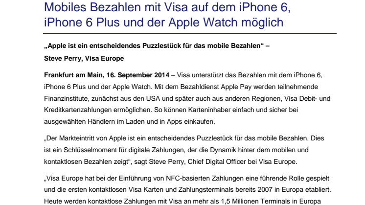 Mobiles Bezahlen mit Visa auf dem iPhone 6, iPhone 6 Plus und der Apple Watch möglich