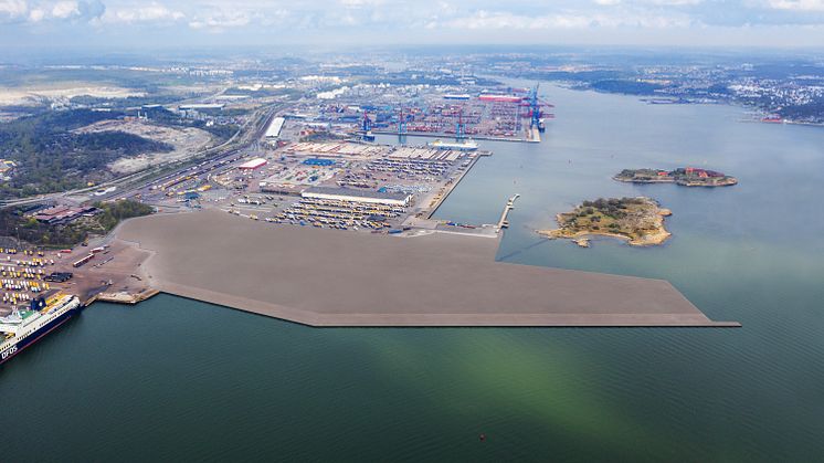 Visionsbild som visar den nya hamnen i Arendals terminalyta med två etapper utbyggda. Bild: Göteborgs Hamn AB.