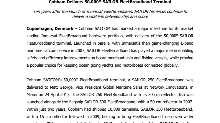 Cobham SATCOM: Cobham Delivers 50,000th SAILOR FleetBroadband Terminal