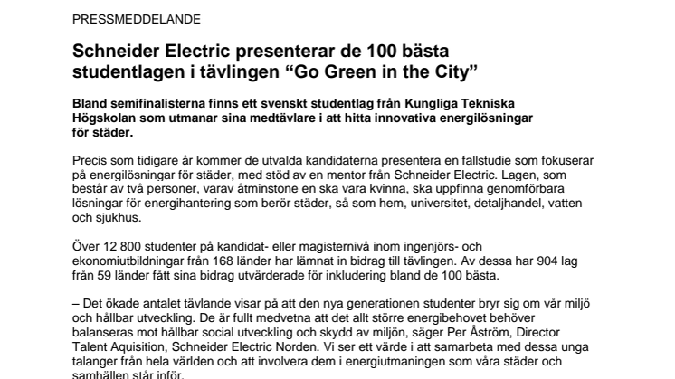 Schneider Electric presenterar de 100 bästa studentlagen i tävlingen “Go Green in the City”