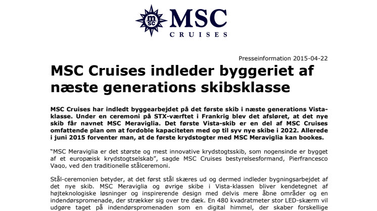 MSC Cruises indleder byggeriet af næste generations skibsklasse