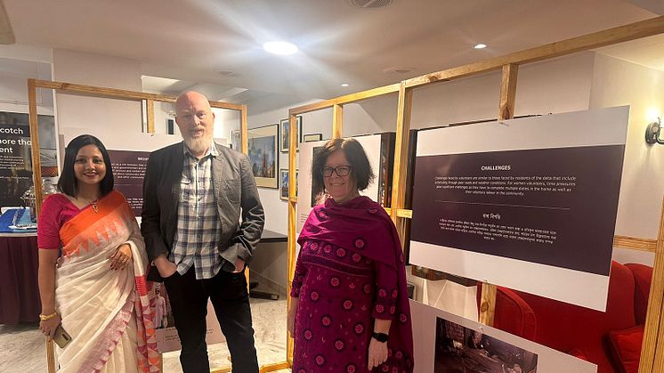 Sumana Banerjee, Professor Matt Baillie Smith and Janet Clark view the exhibition