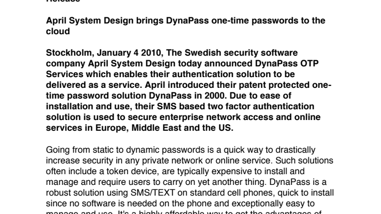 April System Design brings DynaPass one-time passwords to the cloud