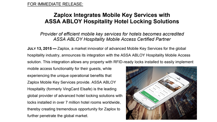 Zaplox Integrates Mobile Key Services with  ASSA ABLOY Hospitality Hotel Locking Solutions