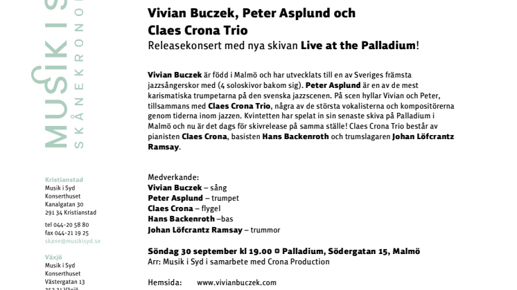 Vivian Buczek, Peter Asplund och  Claes Crona Trio – releasekonsert!