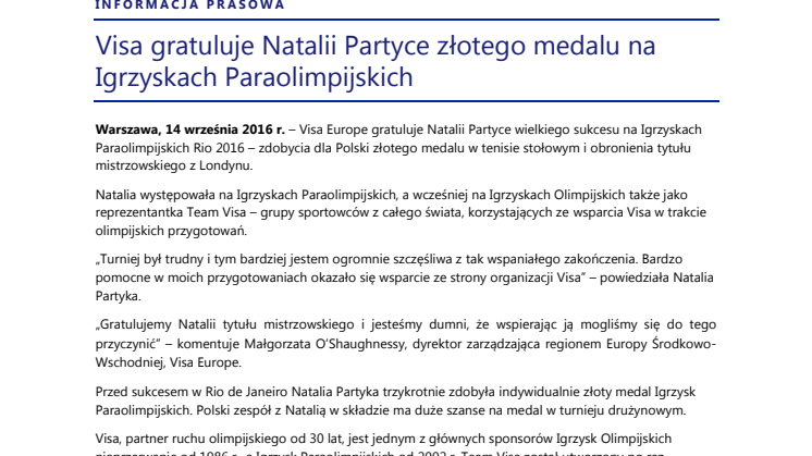 Visa gratuluje Natalii Partyce złotego medalu na Igrzyskach Paraolimpijskich