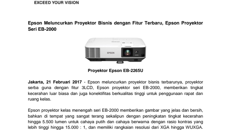 Epson Meluncurkan Proyektor Bisnis dengan Fitur Terbaru, Epson Proyektor Seri EB-2000