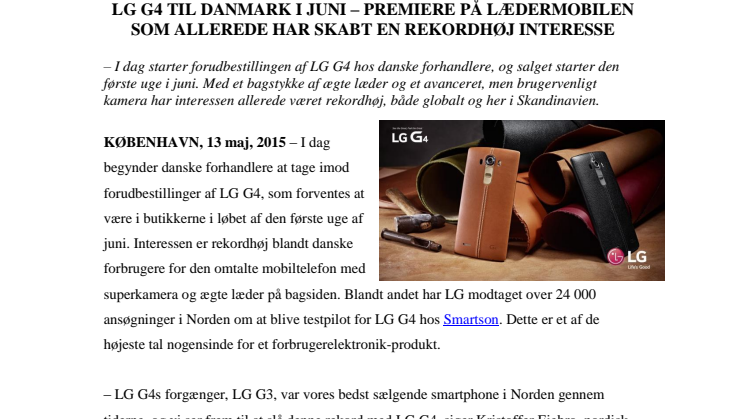 LG G4 TIL DANMARK I JUNI – PREMIERE PÅ LÆDERMOBILEN SOM ALLEREDE HAR SKABT REKORDHØJ INTERESSE 