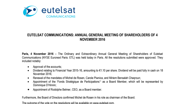 EUTELSAT COMMUNICATIONS: Annual General Meeting of shareholders of 4 November 2016
