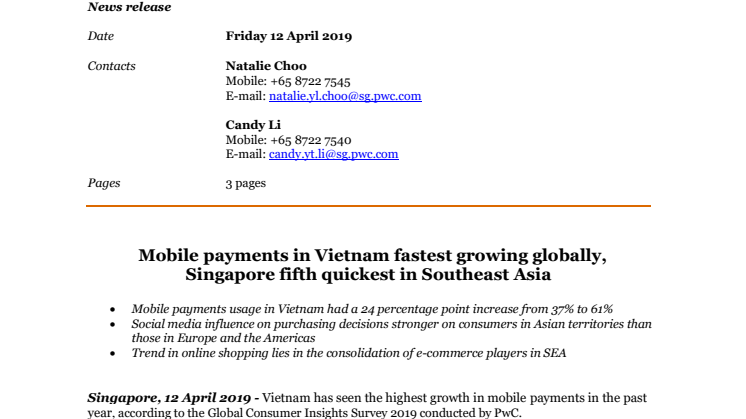 Mobile payments in Vietnam fastest growing globally,  Singapore fifth quickest in Southeast Asia  