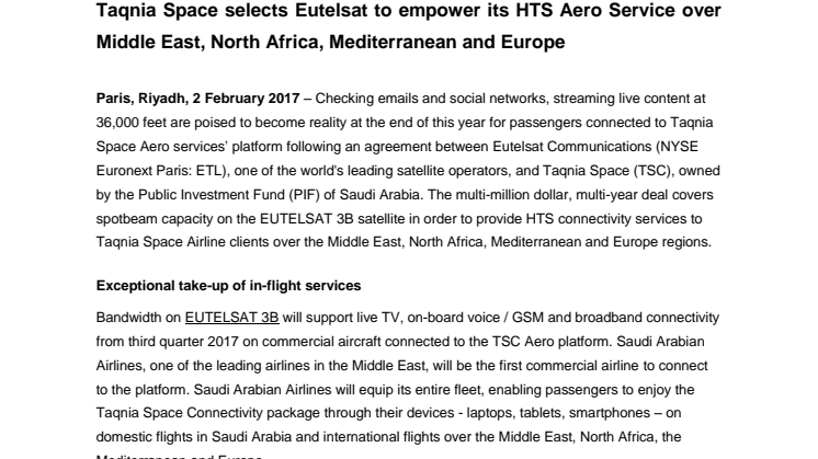 Taqnia Space selects Eutelsat to empower its HTS Aero Service over Middle East, North Africa, Mediterranean and Europe