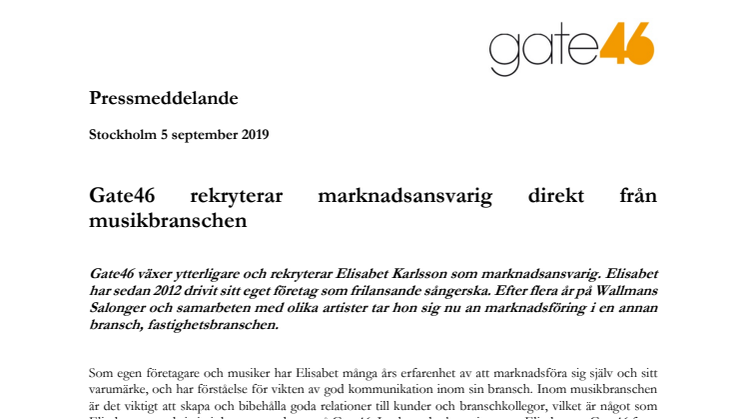 Gate46 rekryterar marknadsansvarig från musikbranschen