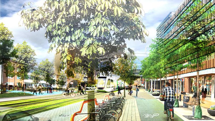Omvandling av Lorensborgsgatan till stadshuvudgata med plats för människor, hållbara trafikslag, bostäder, arbetsplatser och grönska. Illustration: Dziugas Lukosevicius