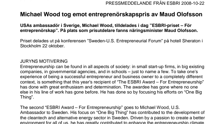 Michael Wood tog emot entreprenörskapspris av Maud Olofsson