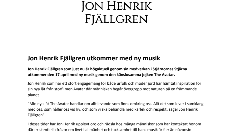 Jon Henrik Fjällgren utkommer med ny musik
