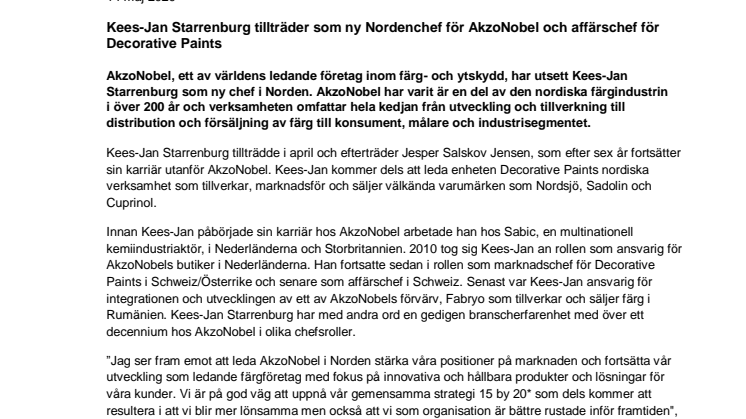 Kees-Jan Starrenburg tillträder som ny Nordenchef för AkzoNobel och affärschef för Decorative Paints