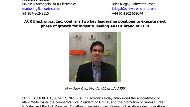 ACR Electronics, Inc. Confirms Two Key Leadership Positions to Execute Next Phase of Growth for Industry Leading ARTEX Brand of ELTs