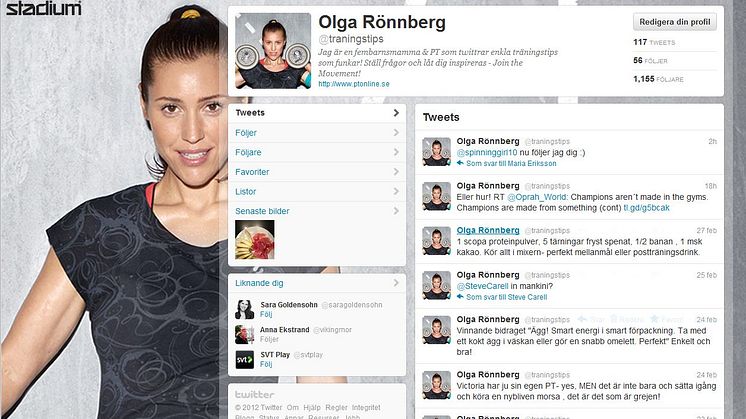 Olga Rönnberg ger träningstips på Twitter