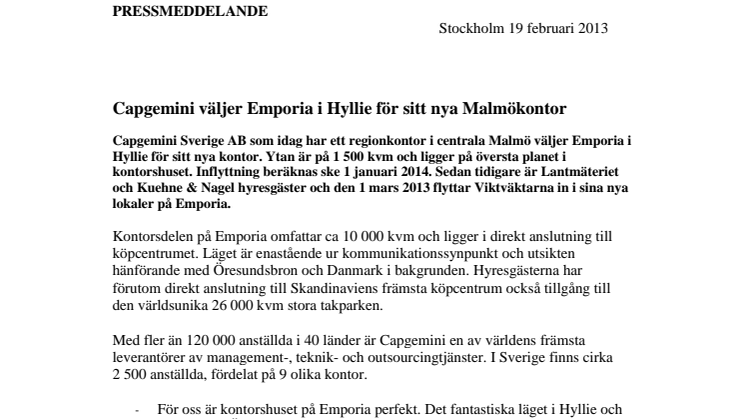 Capgemini väljer Emporia i Hyllie för sitt nya Malmökontor