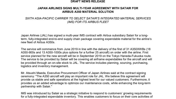 JAPAN AIRLINES SIGNS MULTI-YEAR AGREEMENT WITH SATAIR FOR AIRBUS A350 MATERIAL SOLUTION