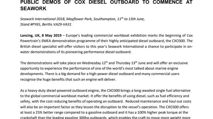 Public Demos of Cox Diesel Outboard to Commence at Seawork