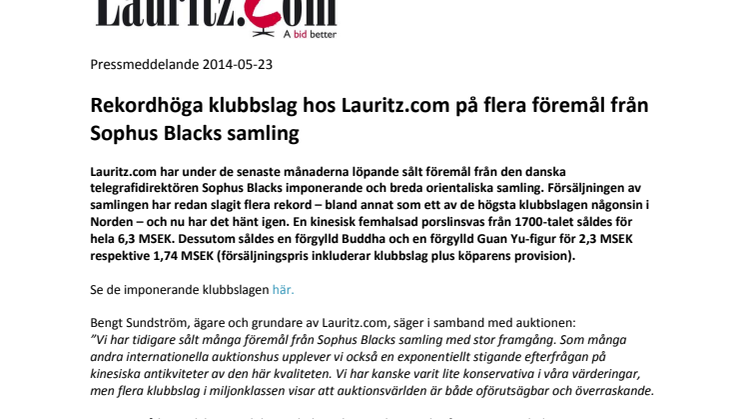 Rekordhöga klubbslag hos Lauritz.com på flera föremål från Sophus Blacks samling