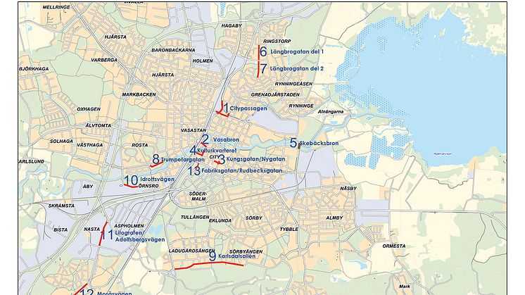 Kartan visar de vägarbeten som kommer påverka trafiken mest under 2018, och som pågår minst tre månader. De små projekten som inte påverkar trafiken lika mycket, och eventuella akuta åtgärder, är inte med.