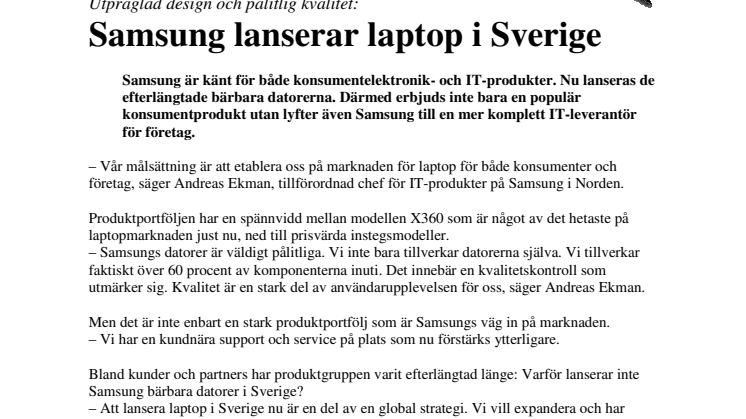 Samsung lanserar laptop i Sverige