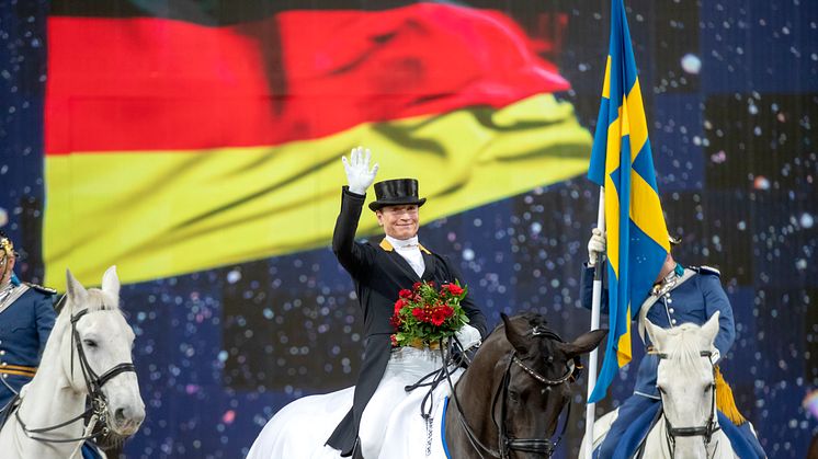 Isabell Werth and Weihegold OLD - winners of the SAAB Top 10 Dressage Grand Prix. Photo credit: Roland Thunholm