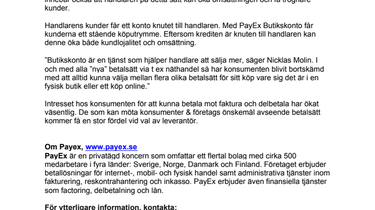 Payex lanserar ny tjänst Butikskonto på Shop Nordic 13-14 april 2016