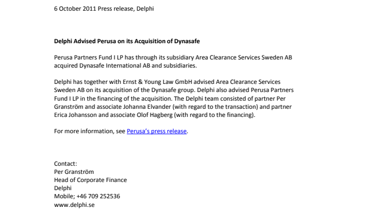 Delphi Advised Perusa on its Acquisition of Dynasafe