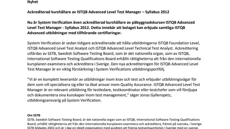 Ackrediterad kurshållare av ISTQB Advanced Level Test Manager – Syllabus 2012