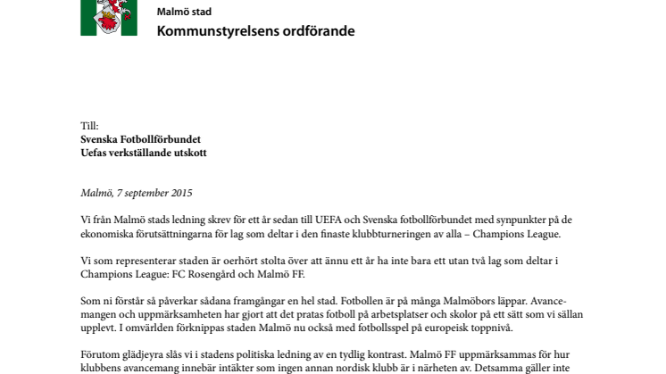 Malmö stad skriver till Uefa om ojämställda ersättningar