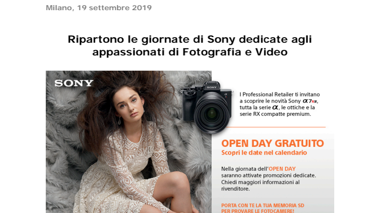 Ripartono le giornate di Sony dedicate agli appassionati di Fotografia e Video 