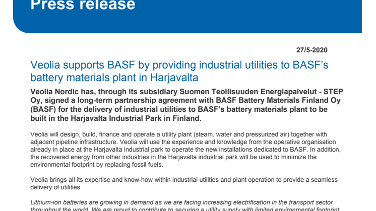 Veolia supports BASF by providing industrial utilities to BASF’s battery materials plant in Harjavalta 