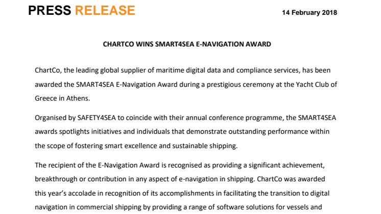 ChartCo:  ChartCo Wins SMART4SEA E-Navigation Award