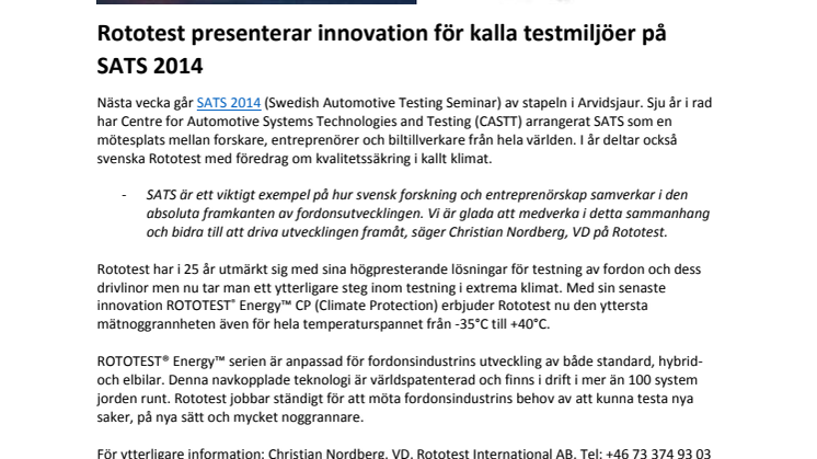 Rototest presenterar innovation för kalla testmiljöer på SATS 2014 