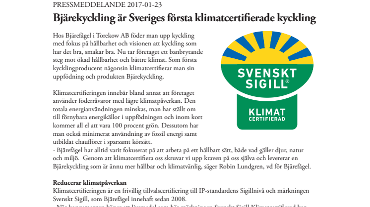 Bjärekyckling är Sveriges första klimatcertifierade kyckling