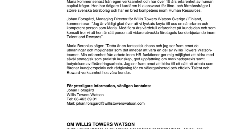 Willis Towers Watson rekryterar Maria Beronius som Seniorkonsult