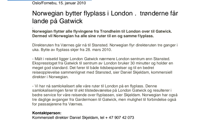 Norwegian bytter flyplass i London – trønderne får lande på Gatwick