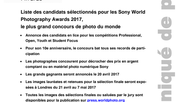 Liste des candidats sélectionnés pour les Sony World Photography Awards 2017,  le plus grand concours de photo du monde