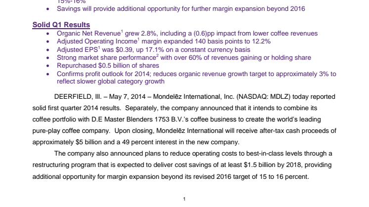 Mondelēz International Takes Strategic Actions to Further Focus Its Portfolio on Snacks and Accelerate Margin Expansion; Reports Solid Q1 Results