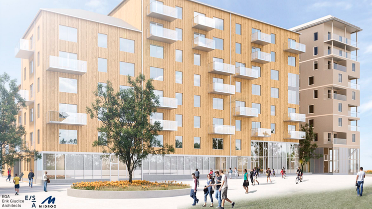 Träpalatset i Uppsala byggs med stommar delvis i massivträ. Projektet ska certifieras för Miljöbyggnad nivå Silver, med nivå Guld för energiprestanda. Illustration: E G Architects AB