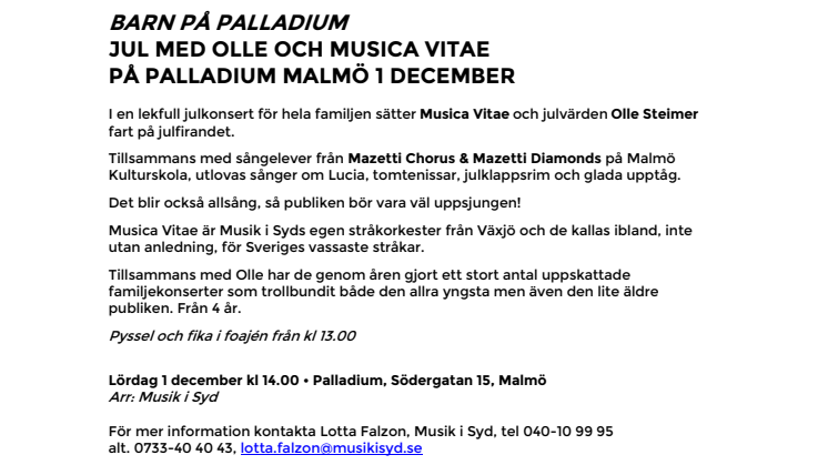 Barn på Palladium – Jul med Olle och Musica Vitae