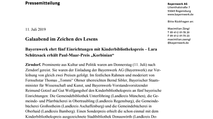 Galaabend im Zeichen des Lesens - Bayernwerk ehrt fünf Einrichtungen mit Kinderbibliothekspreis - Lara Schützsack erhält Paul Maar-Preis „Korbinian“